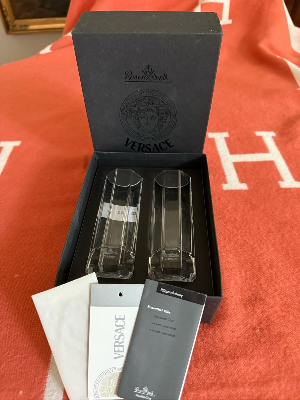 Versace Rosenthal Medusa Lumiere Clear Etched 2cl Vodka Glasses Vase Set of 2